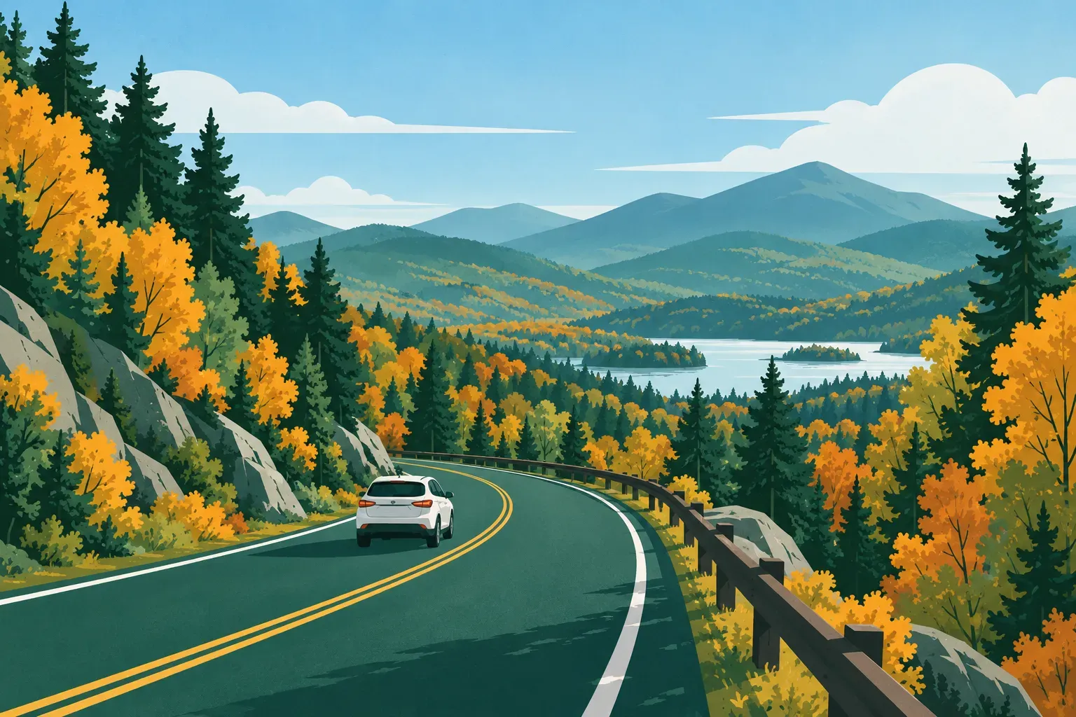A mountain road through autumn forests, a typical landscape of New Hampshire