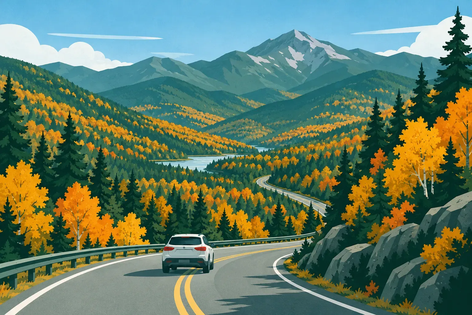 The White Mountains in bright autumn colors with a winding road, in New Hampshire